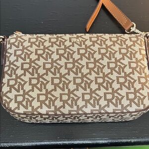 DKNY Tan and Brown Monogram Clutch